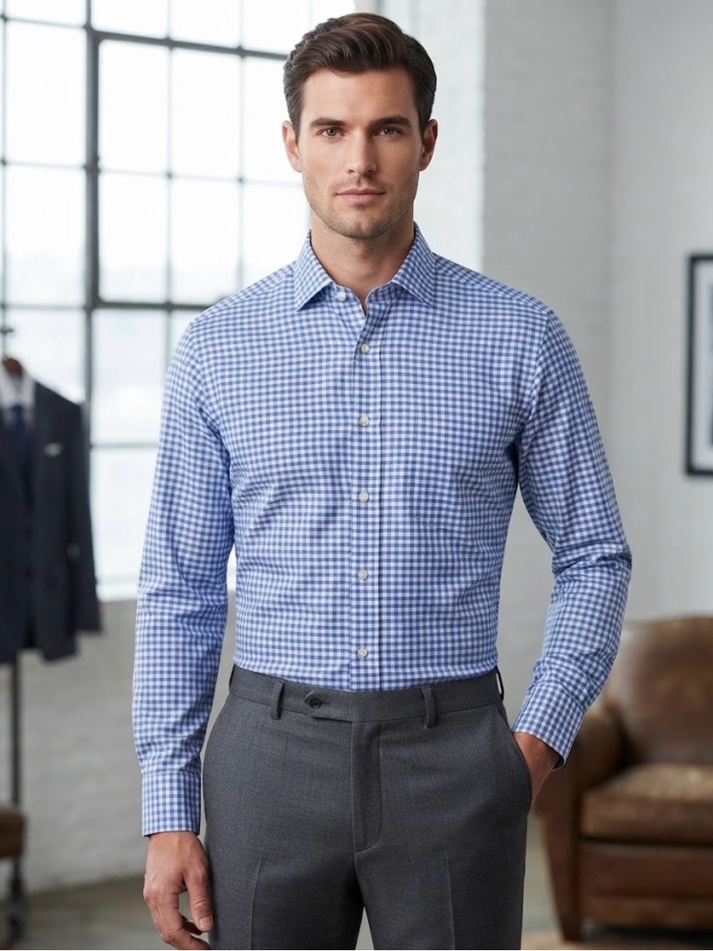 Men's Blue Gingham Button-Down Shirt